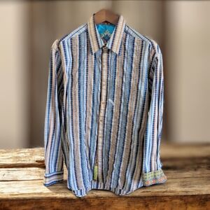 Robert Graham NWOT XL Navy & Burnt Orange Stripe Button Down Shirt Contrast Cuff